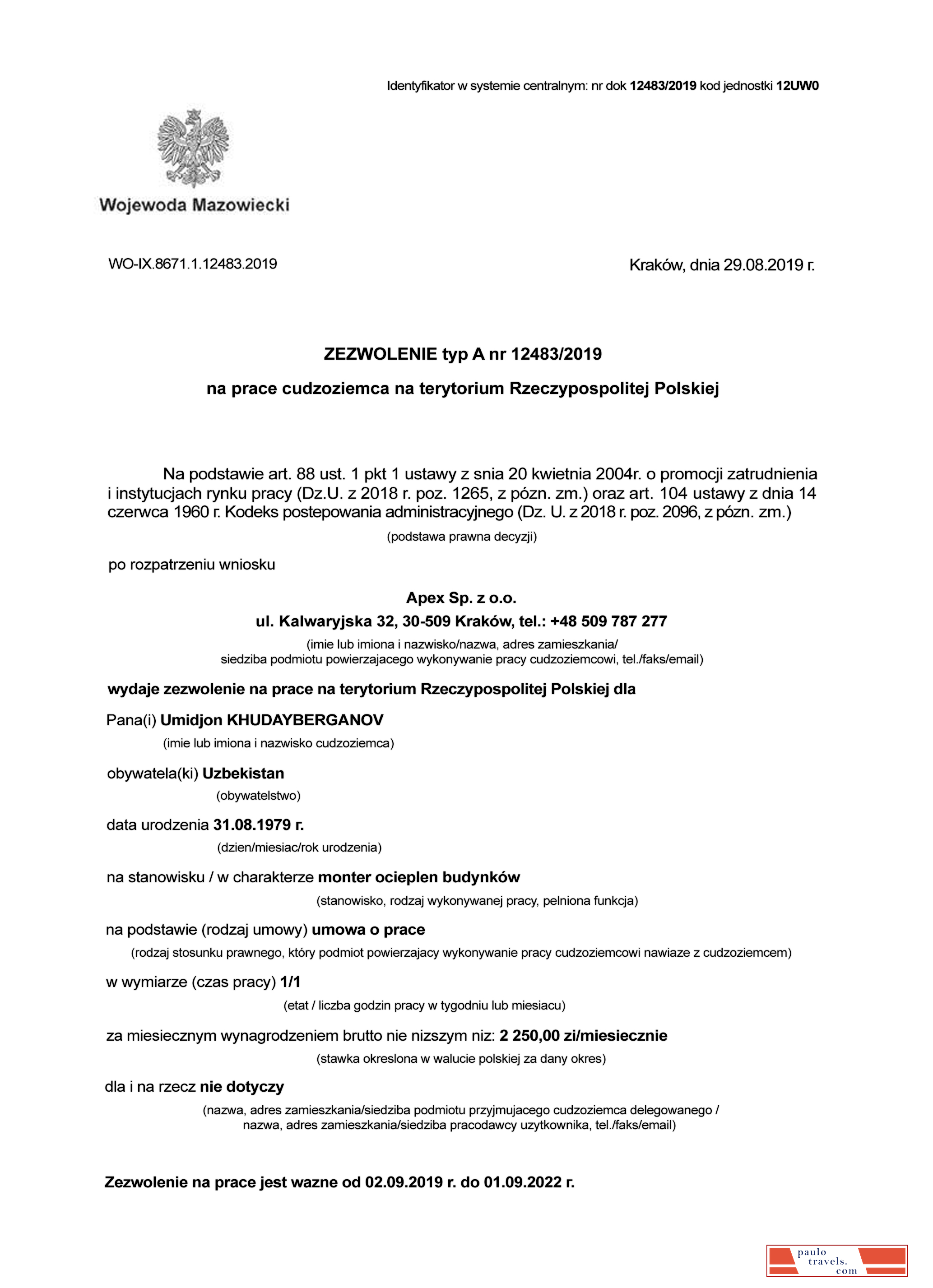 Poland foreigner work certificate page 1